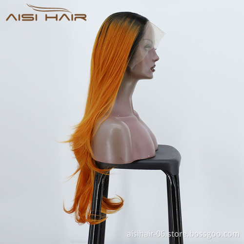 Aisi Hair Wholesale Vendor Body Wave Curly Long Wavy Ombre Orange Lace Frontal Synthetic Hair For Black Women Lace Front Wig
